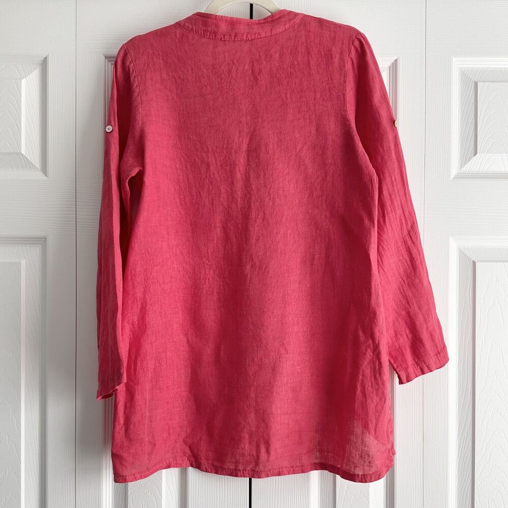 Angela Mara Italy Pink Linen Look Tunic Top Button Front High Low Lightweight - Picture 2 of 9